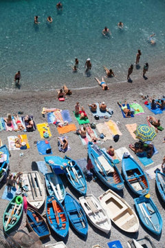 La Praia Beach Praiano - Carla Coulson Limited Edition Fine Art Print, travel photography, Italian beach, beach photography, blue fishing boats, italians at play, amalfi coast, summertime