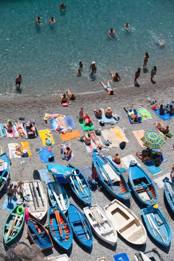 La Praia Beach Praiano - Carla Coulson Limited Edition Fine Art Print, travel photography, Italian beach, beach photography, blue fishing boats, italians at play, amalfi coast, summertime
