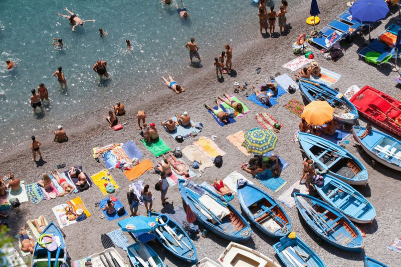 La Praia Beach Praiano - Carla Coulson Limited Edition Fine Art Print, travel photography, Italian beach, beach photography, blue fishing boats, italians at play, amalfi coast, summertime, positano
